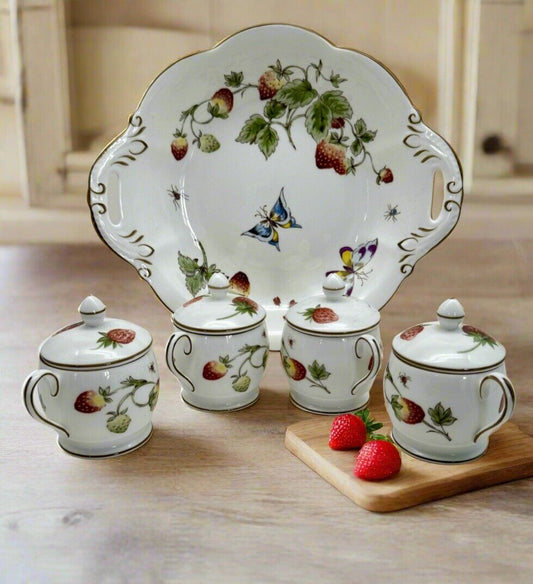 Pots de Crème Set Coalport Bone China Strawberry FRENCH Style Dessert Set RARE