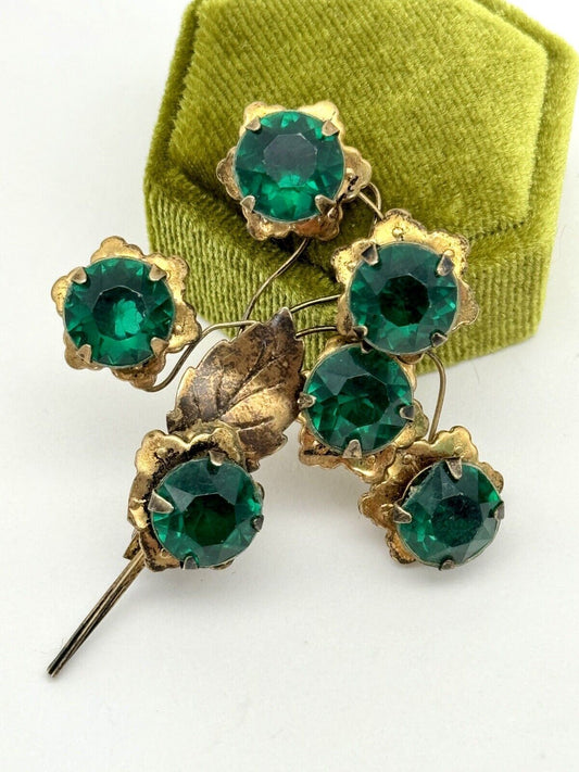 Vintage Sterling Vermeil Flower Brooch Artisan Green Rhinestone Flower Design