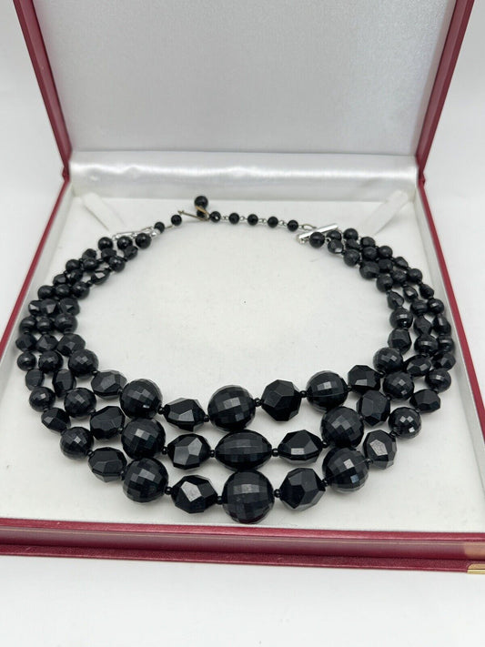 Vintage Black Lucite Beaded 3 Strand Necklace Choker Style SIGNED Germany