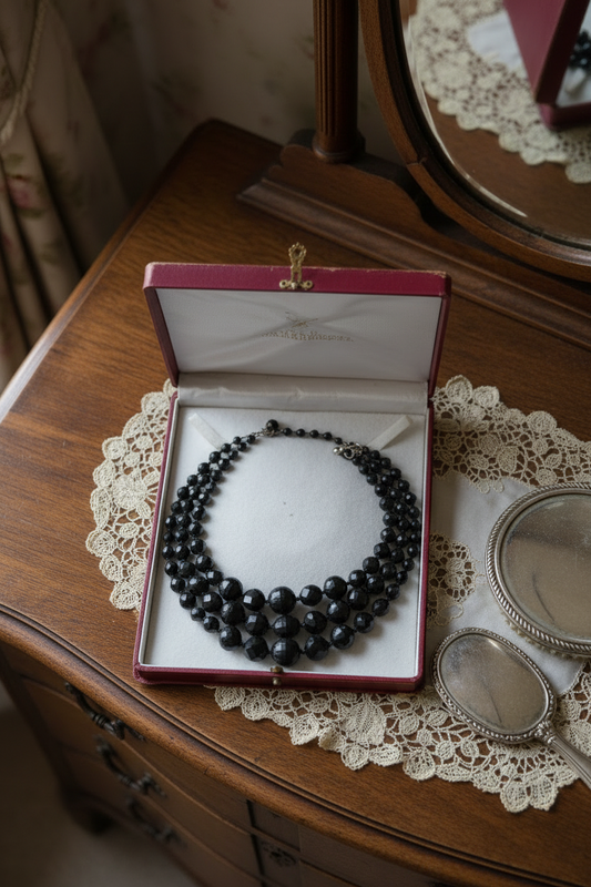 Vintage Black Lucite Beaded 3 Strand Necklace Choker Style SIGNED Germany