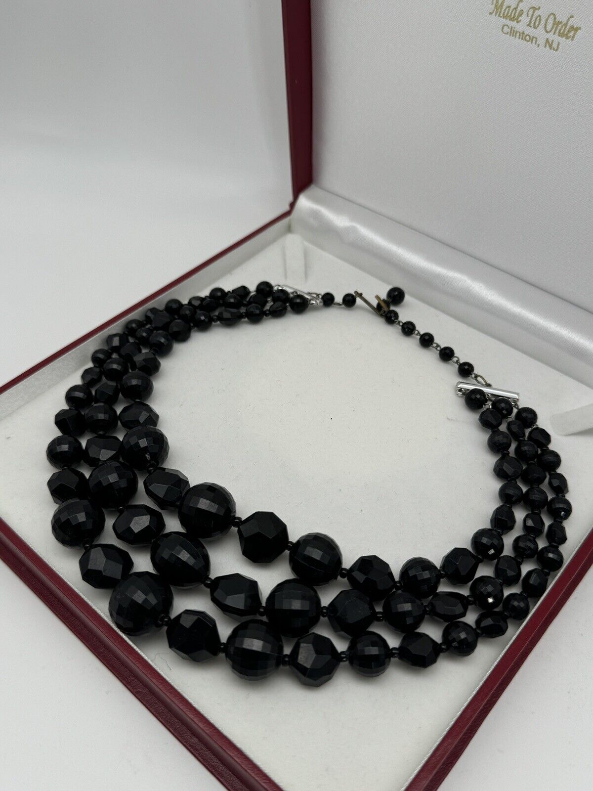 Vintage Black Lucite Beaded 3 Strand Necklace Choker Style SIGNED Germany