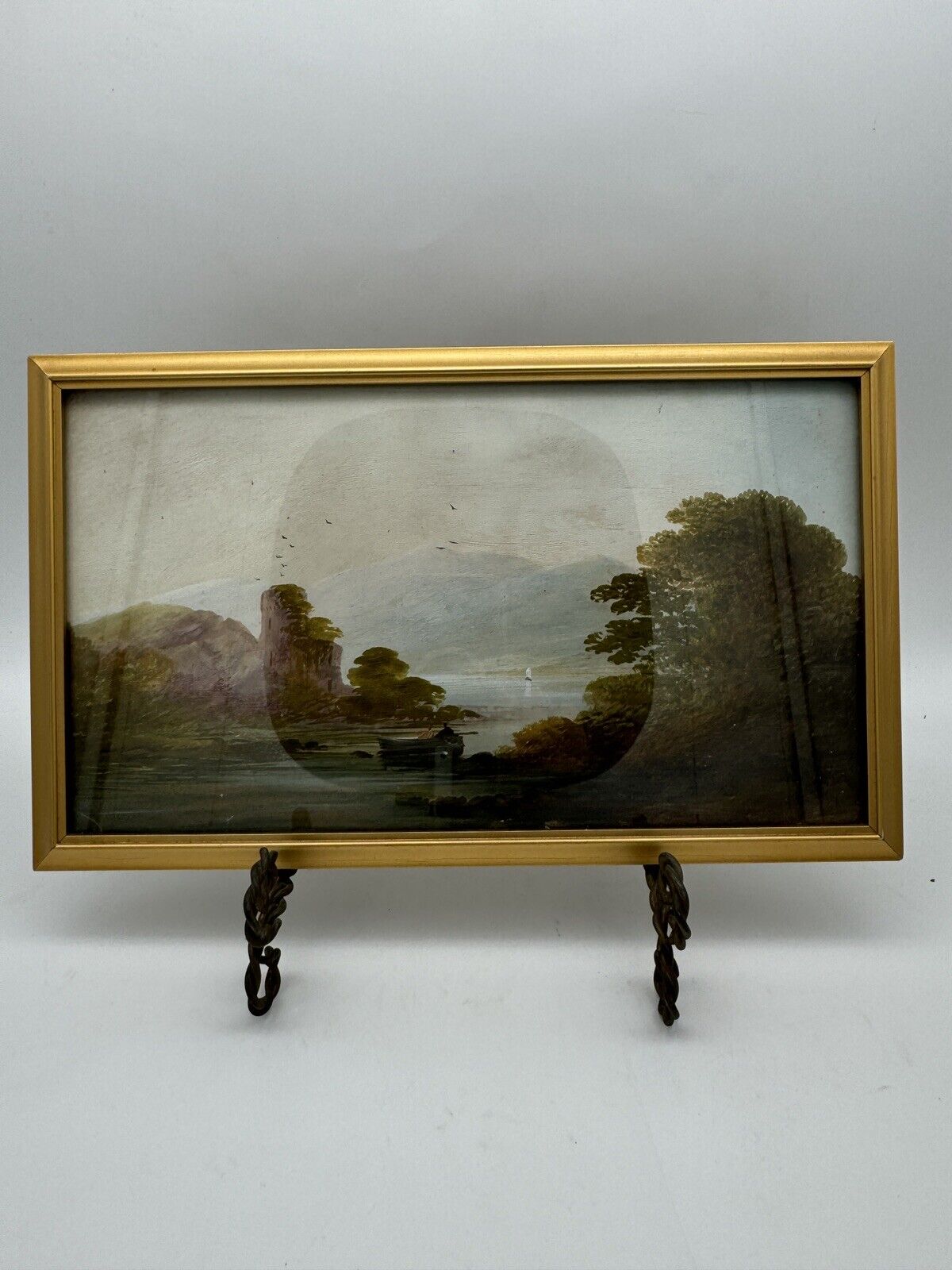 Vintage Small Oil Landscape On Board Framed Behind Glass Circa 12” X 7.5”