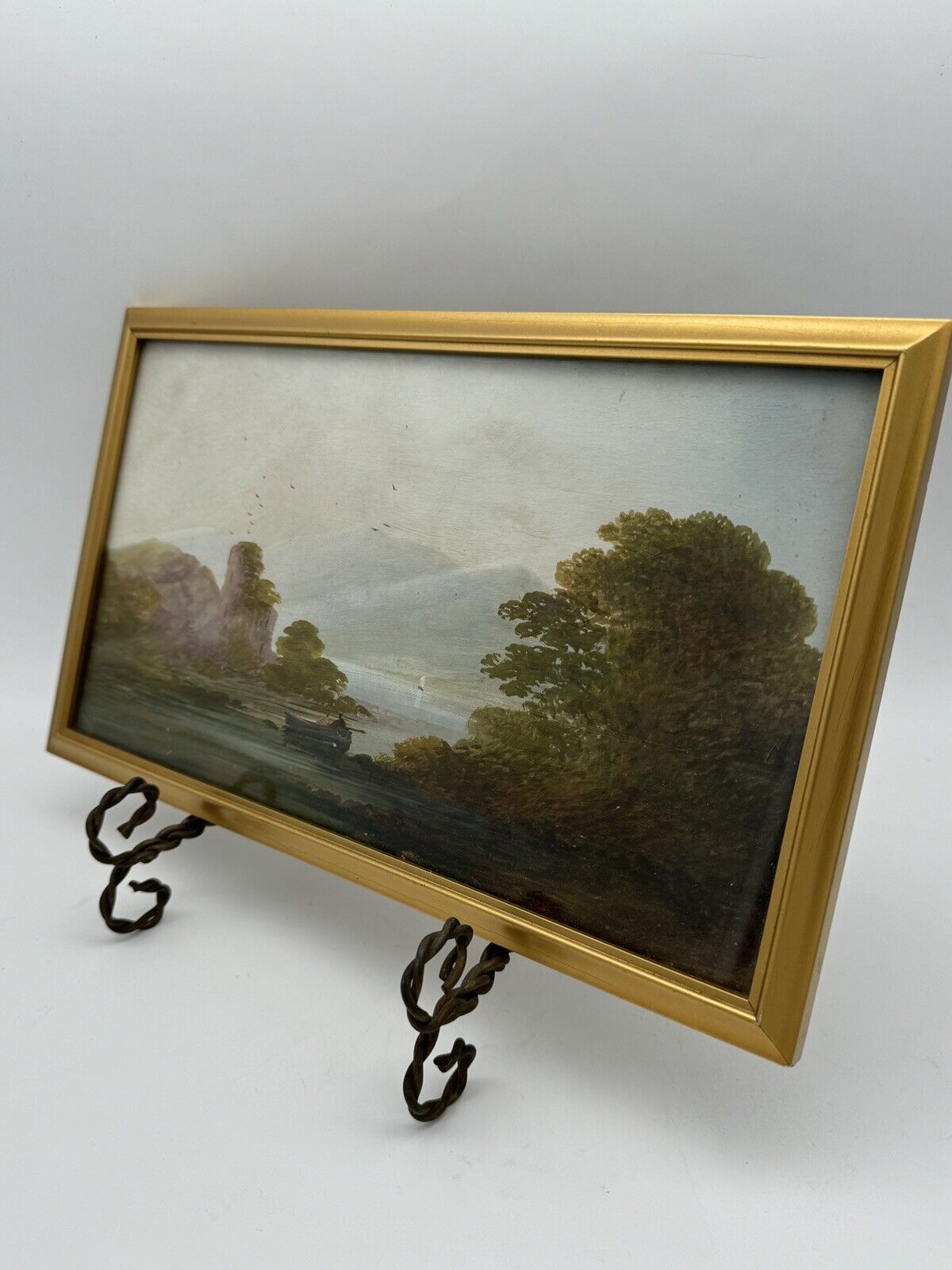 Vintage Small Oil Landscape On Board Framed Behind Glass Circa 12” X 7.5”