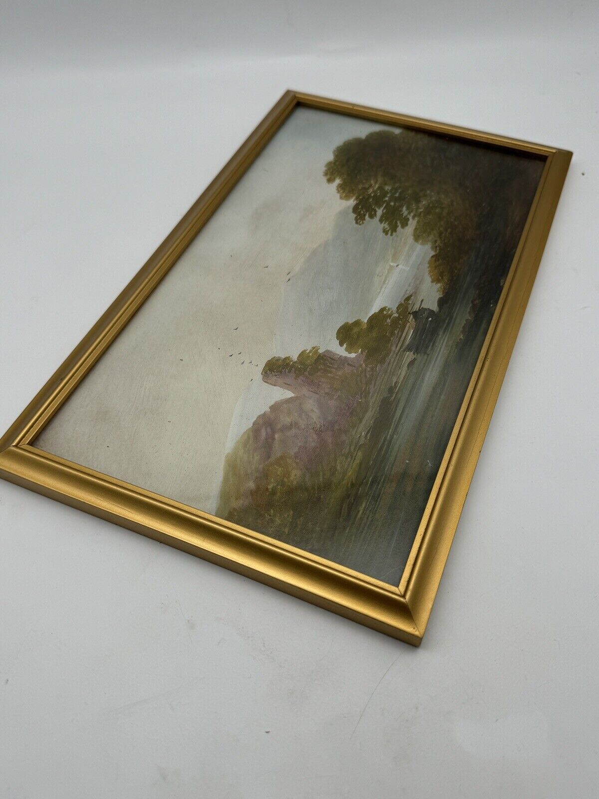 Vintage Small Oil Landscape On Board Framed Behind Glass Circa 12” X 7.5”