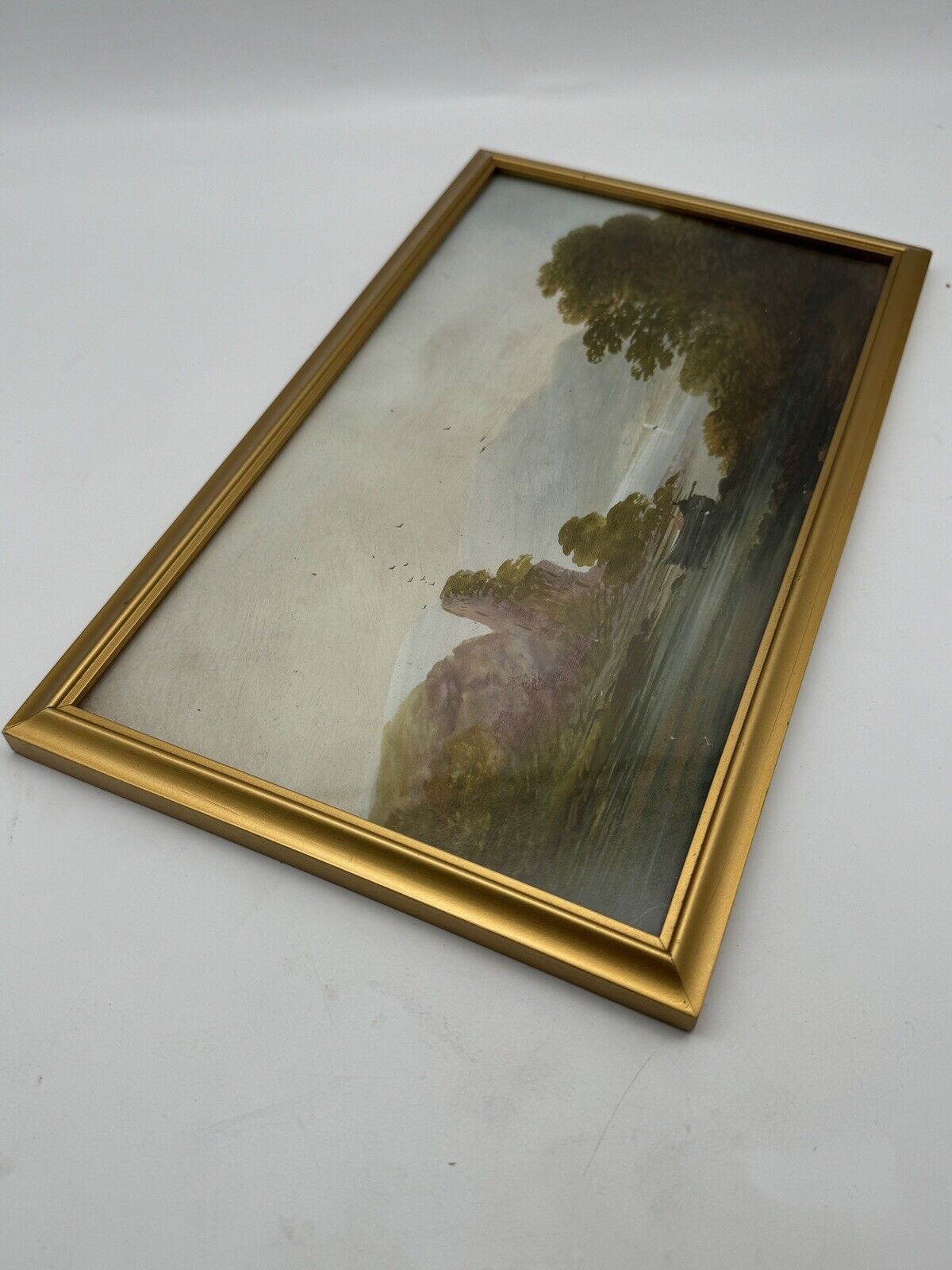 Vintage Small Oil Landscape On Board Framed Behind Glass Circa 12” X 7.5”