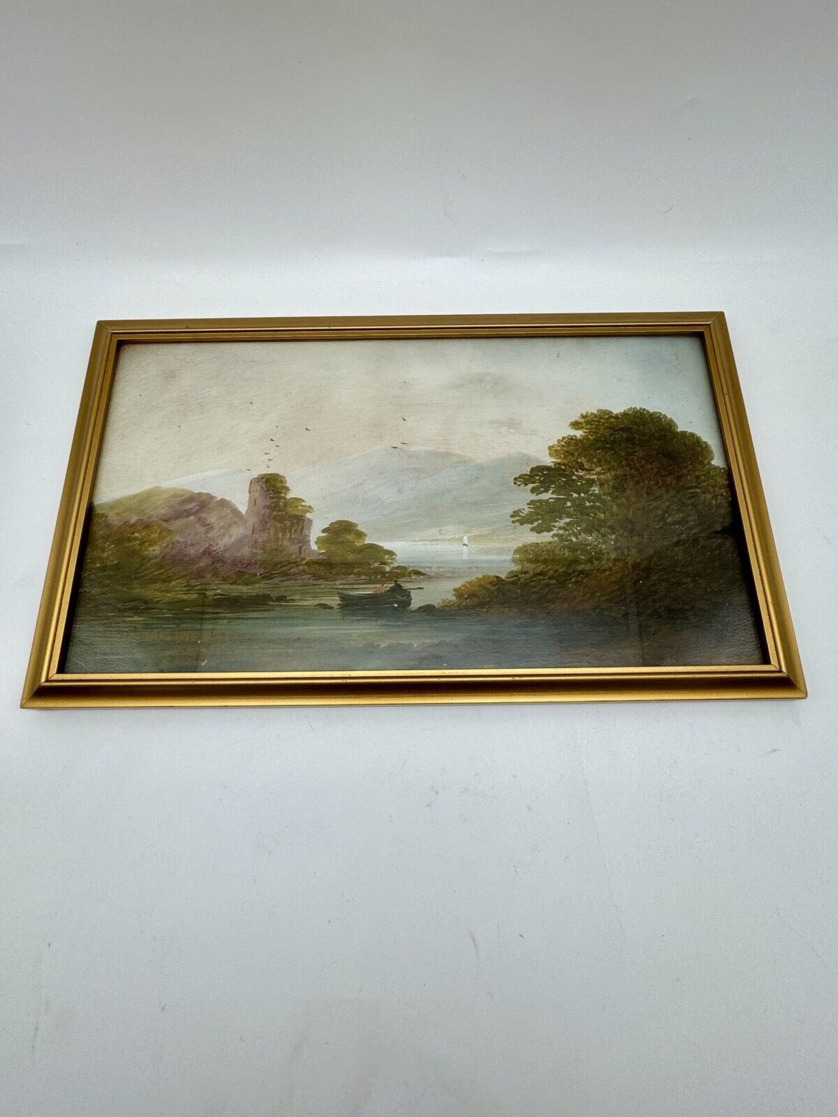 Vintage Small Oil Landscape On Board Framed Behind Glass Circa 12” X 7.5”