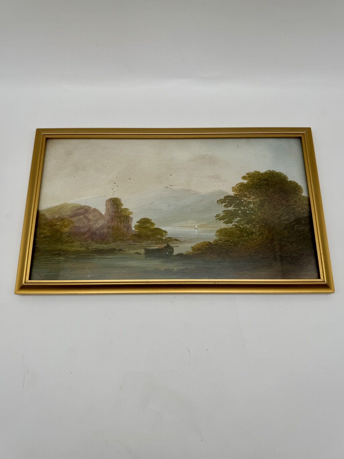 Vintage Small Oil Landscape On Board Framed Behind Glass Circa 12” X 7.5”