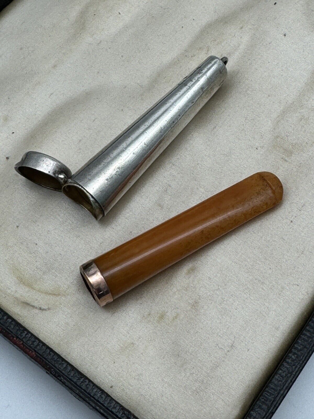 Edwardian Chatelaine Silver Case Gold Mounted Bakelite Cigarette Cheroot Holder