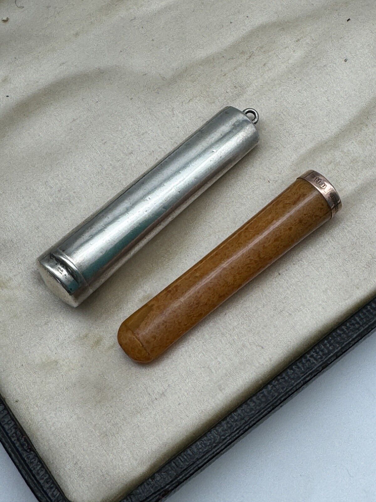 Edwardian Chatelaine Silver Case Gold Mounted Bakelite Cigarette Cheroot Holder