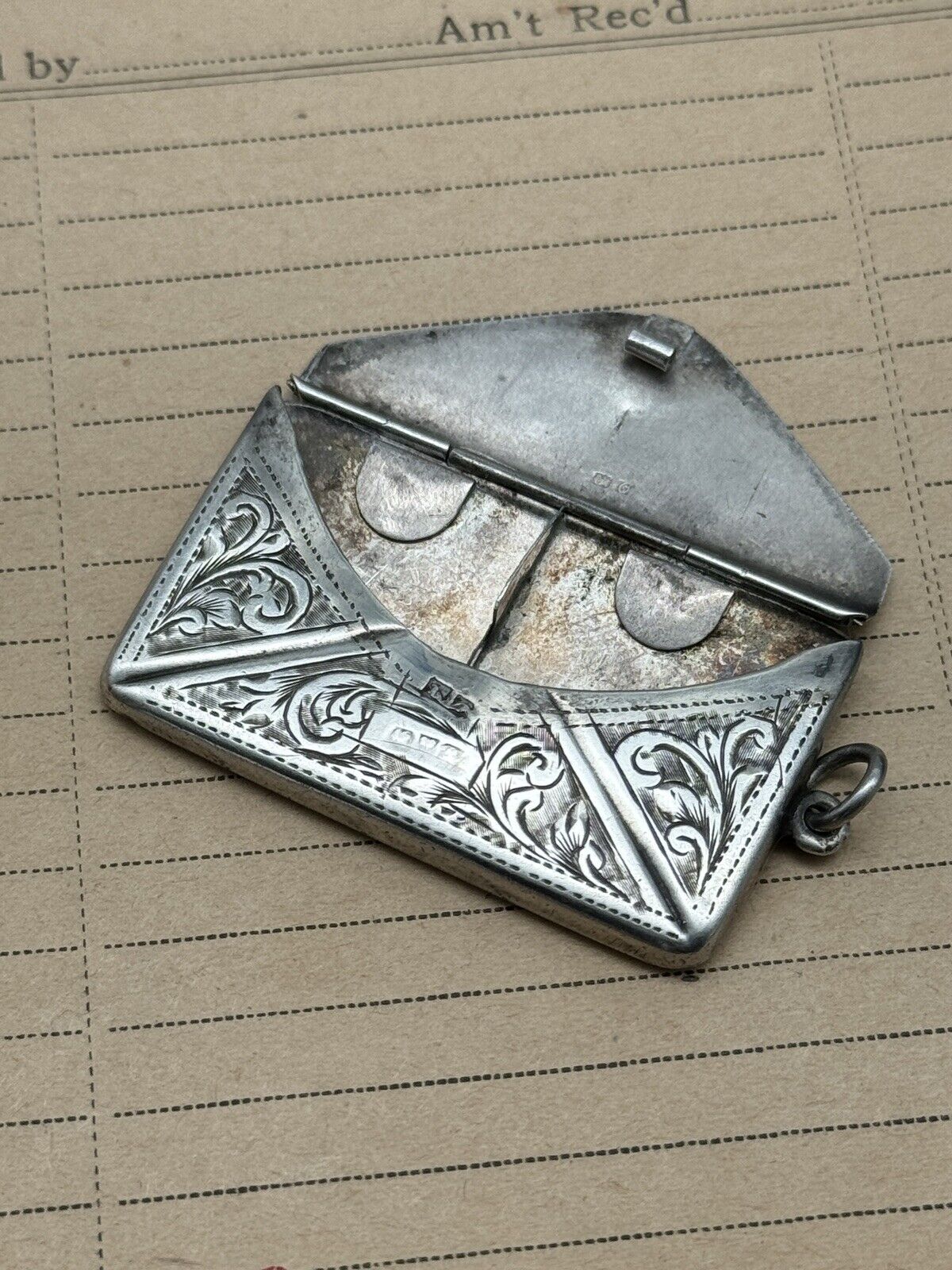 Antique STERLING Envelope Pendant Double Stamp Case Edwardian Chased No Monogram