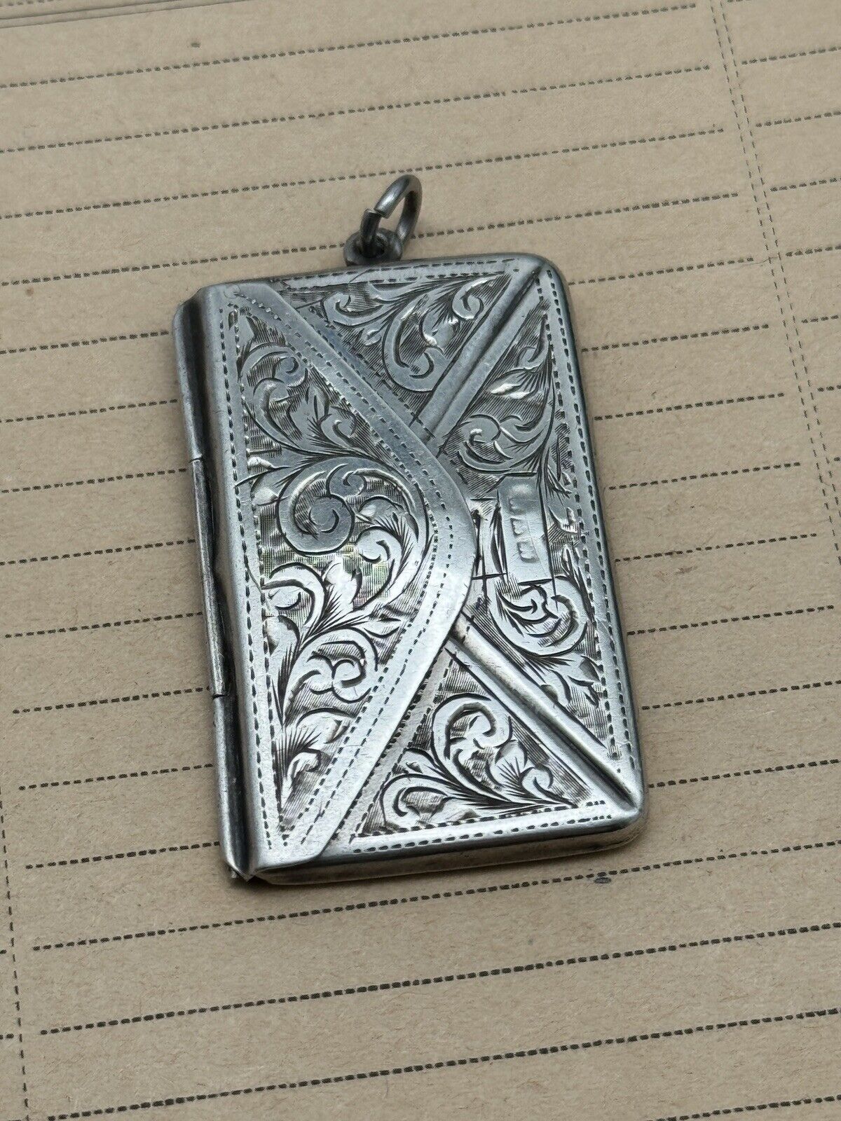 Antique STERLING Envelope Pendant Double Stamp Case Edwardian Chased No Monogram