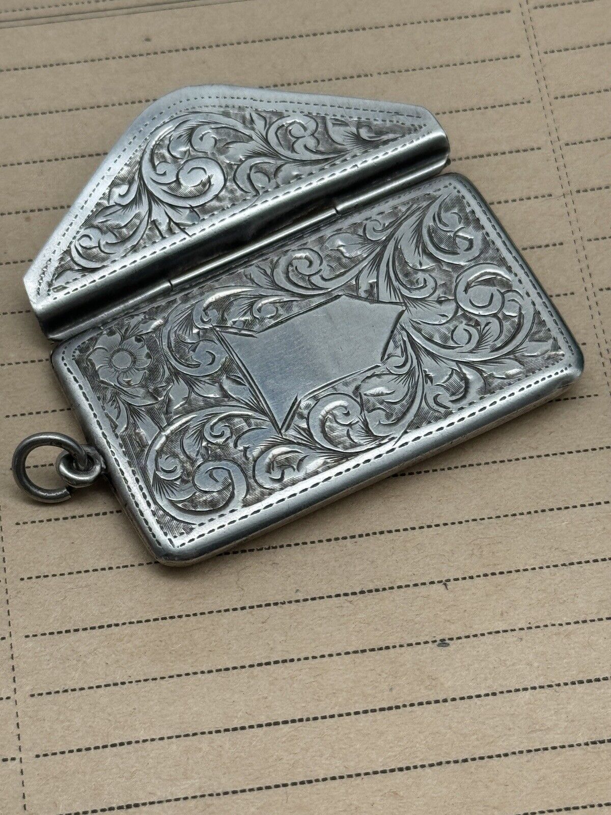 Antique STERLING Envelope Pendant Double Stamp Case Edwardian Chased No Monogram