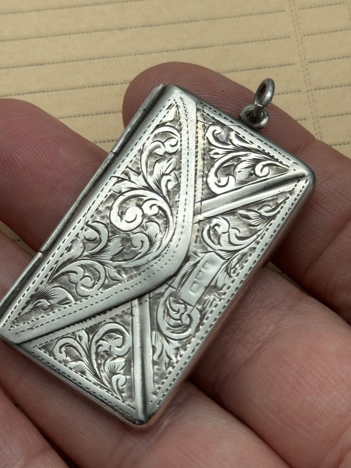 Antique STERLING Envelope Pendant Double Stamp Case Edwardian Chased No Monogram