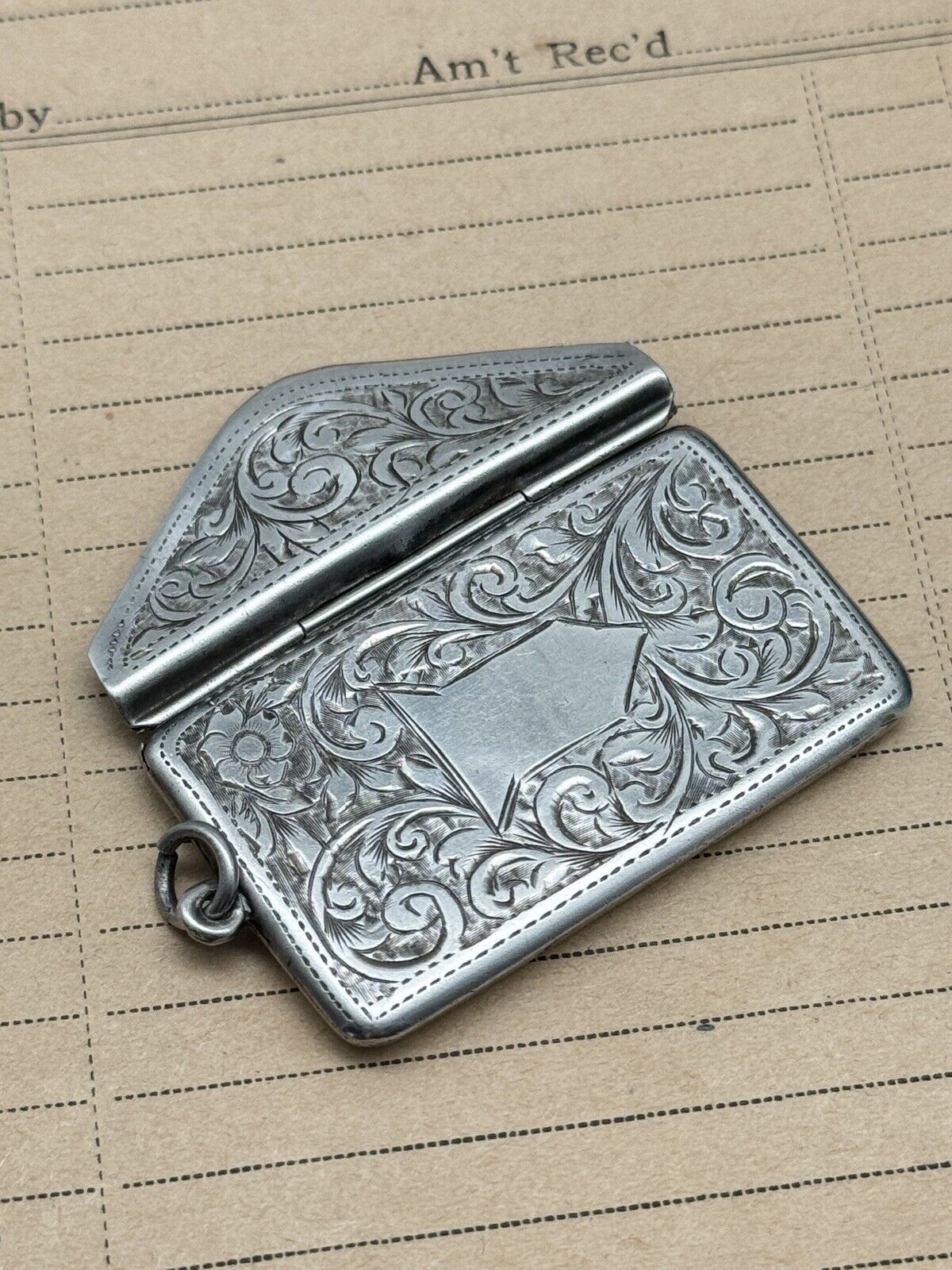 Antique STERLING Envelope Pendant Double Stamp Case Edwardian Chased No Monogram