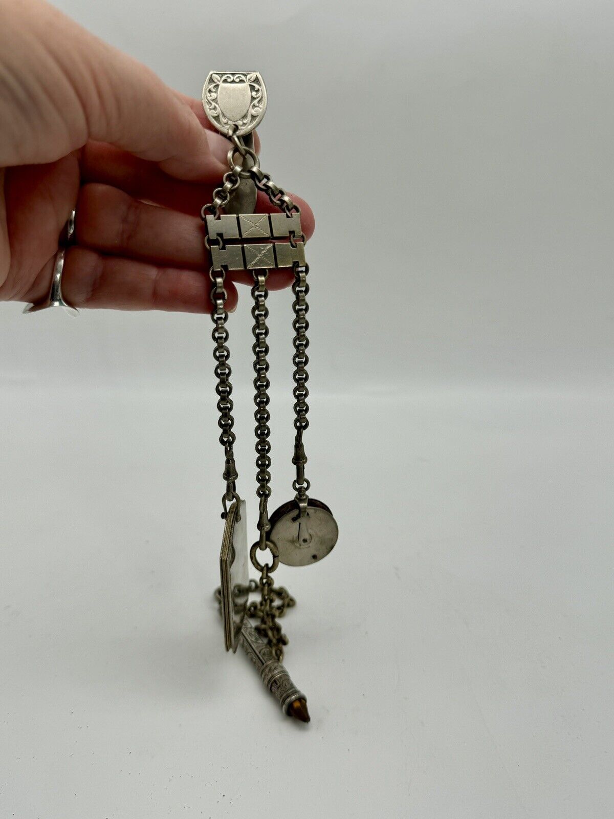 Antique Chatelaine Edwardian Style 3 Arm With Sterling Pencil Holder