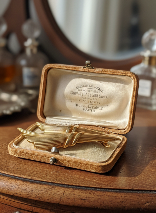 Vintage Original Signed TRIFARI CROWN Gold tone Brushed SHEAF Shape Pin Brooch