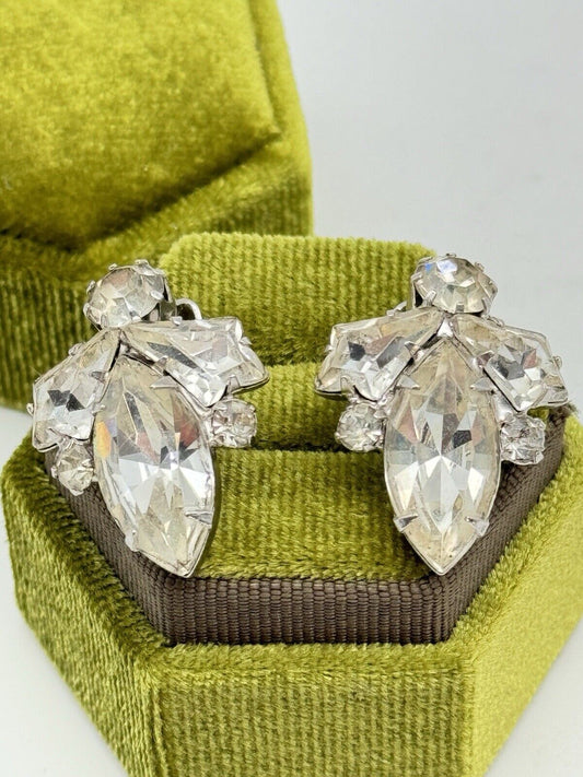 Vintage Earrings Clear Rhinestone SIGNED WEISS Clip-on