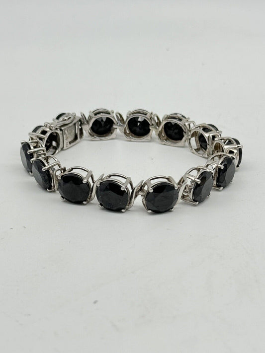 Black Spinel Tennis Bracelet Sterling Silver Large Stones Vintage Estate Find