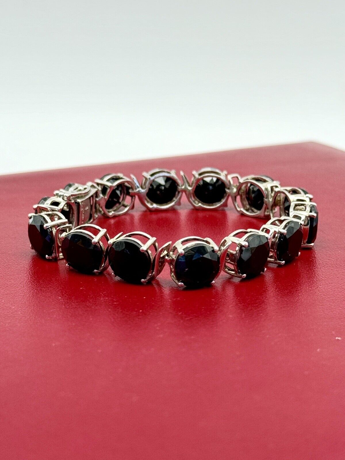 Black Spinel Tennis Bracelet Sterling Silver Large Stones Vintage Estate Find