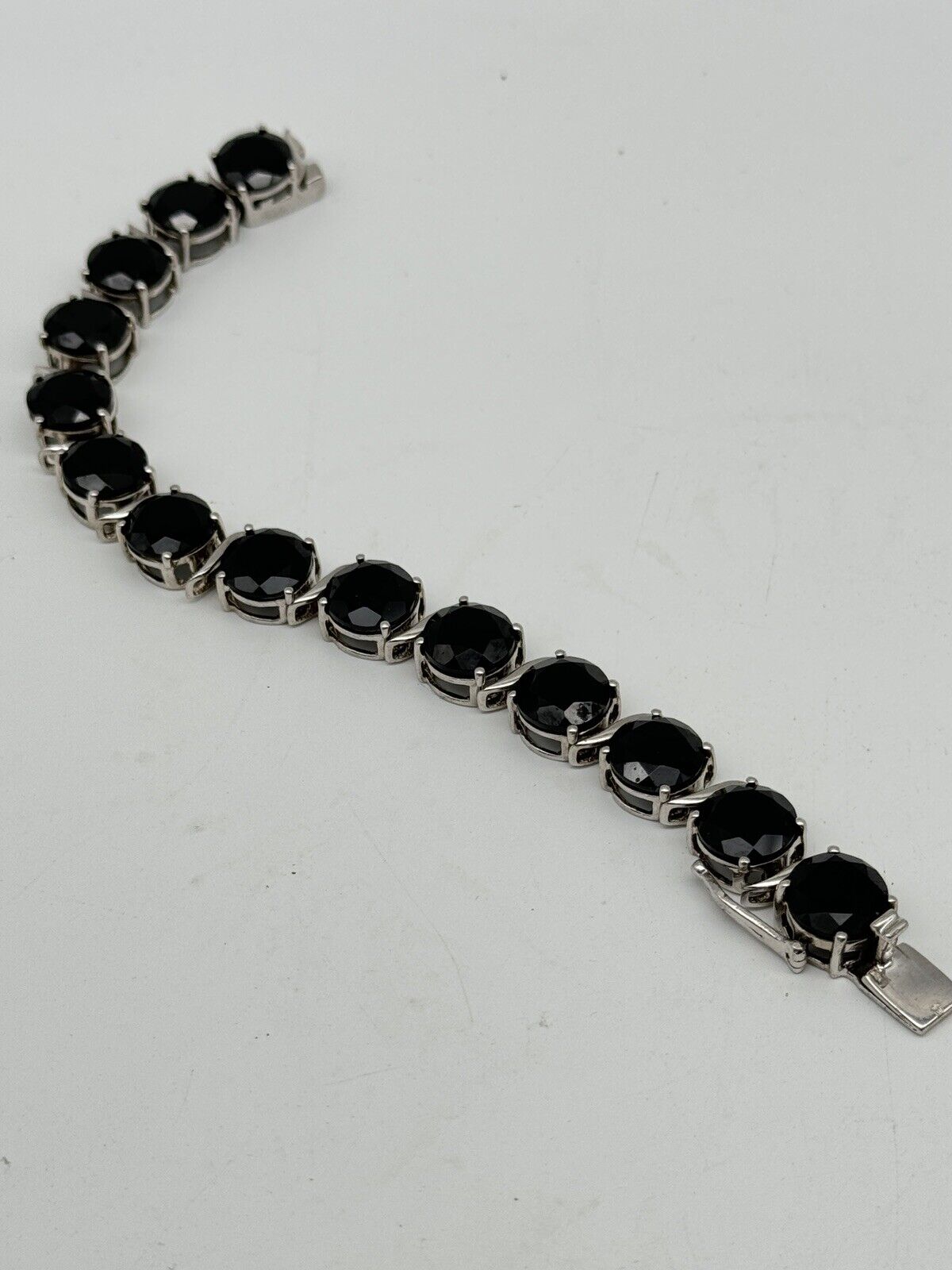 Black Spinel Tennis Bracelet Sterling Silver Large Stones Vintage Estate Find