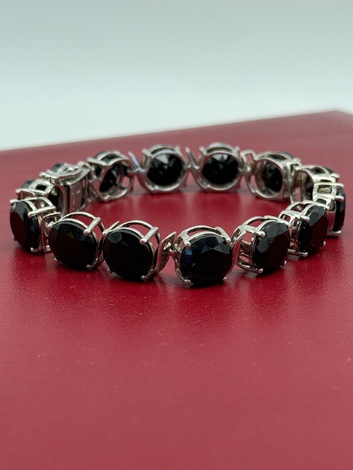 Black Spinel Tennis Bracelet Sterling Silver Large Stones Vintage Estate Find