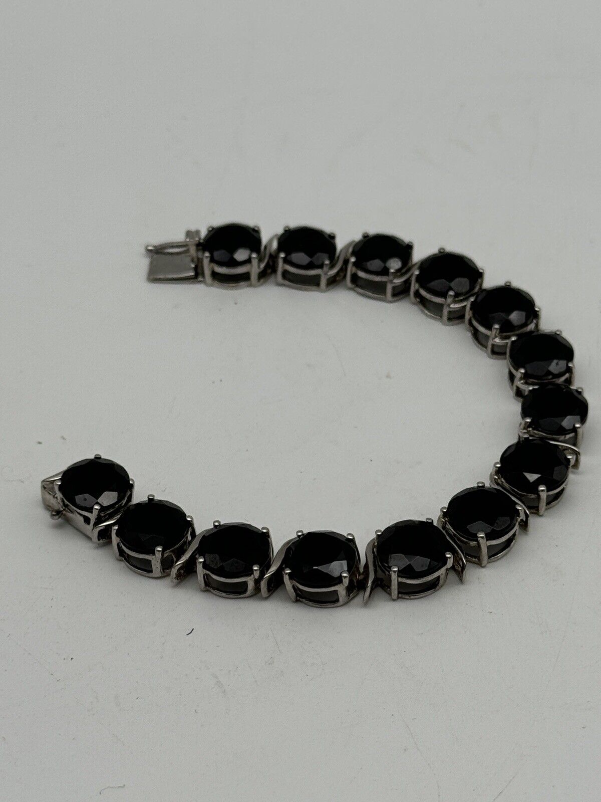 Black Spinel Tennis Bracelet Sterling Silver Large Stones Vintage Estate Find