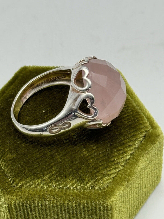 Sterling Silver Rose Quartz Faceted Ring 6.75” Heart Motif Estate Find