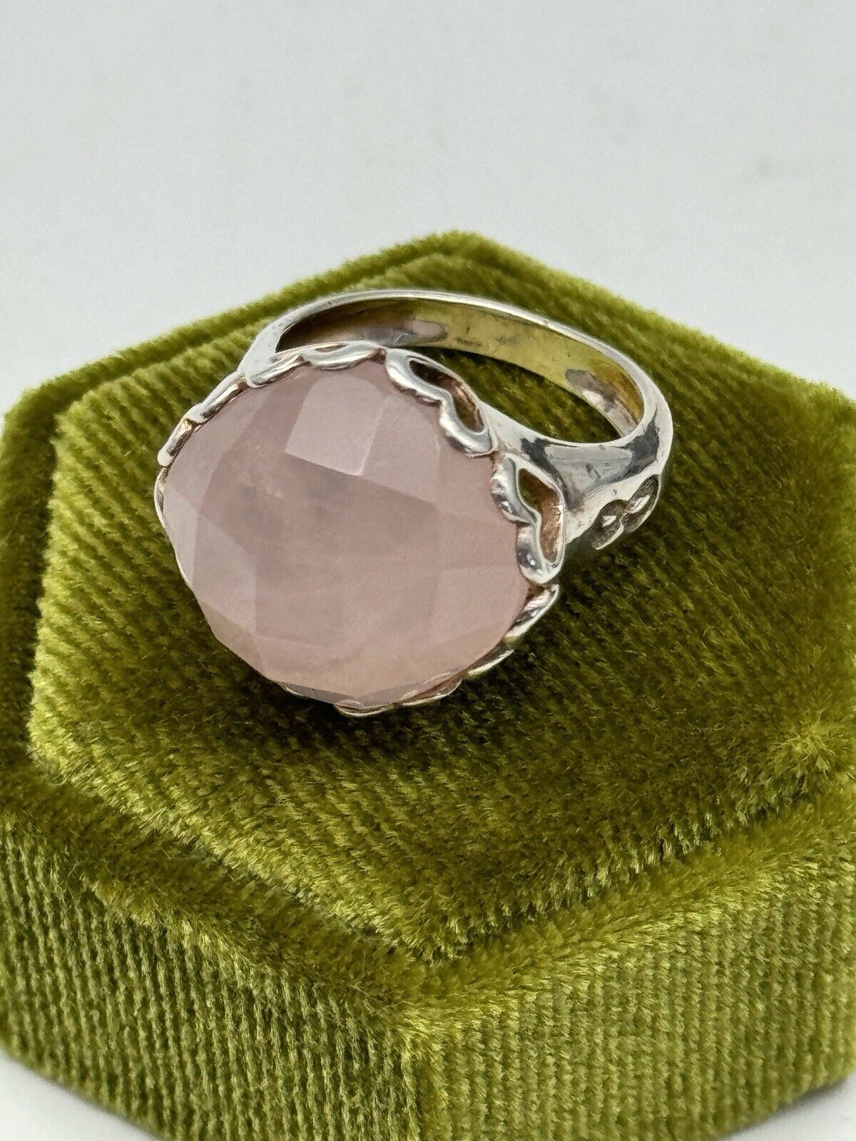 Sterling Silver Rose Quartz Faceted Ring 6.75” Heart Motif Estate Find