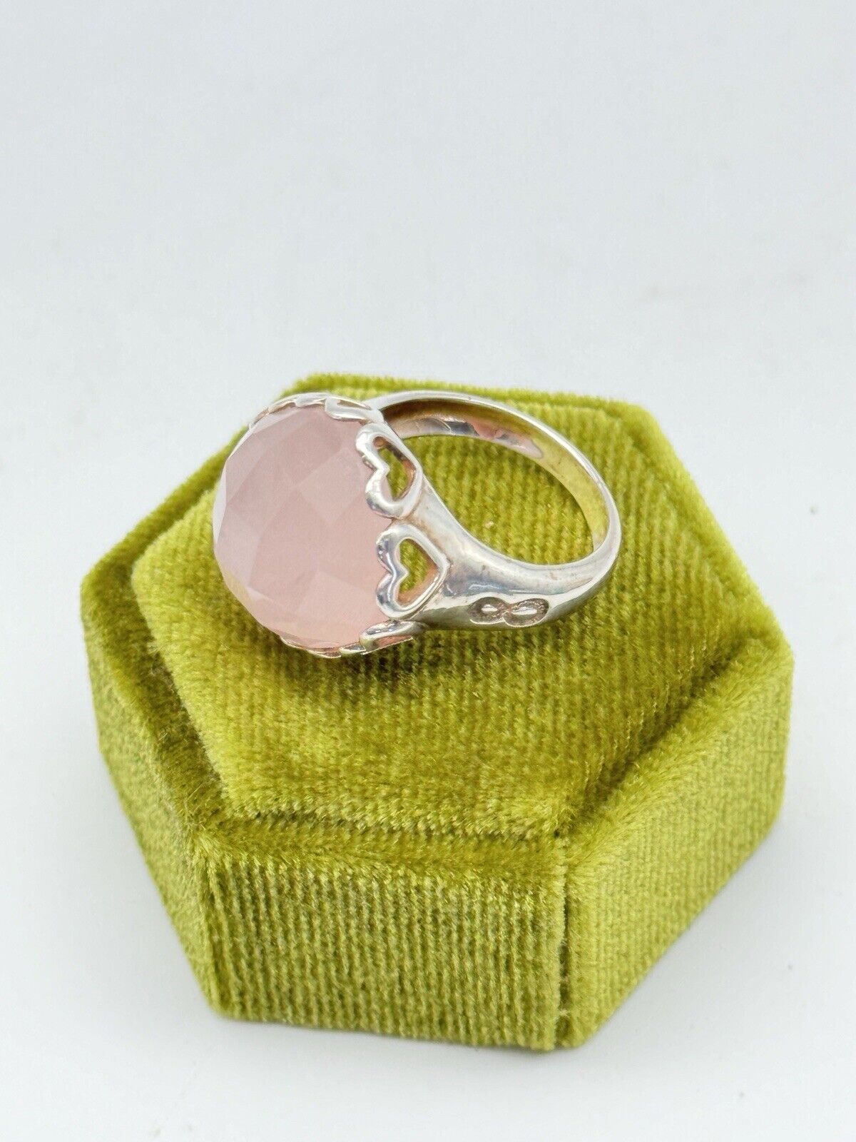 Sterling Silver Rose Quartz Faceted Ring 6.75” Heart Motif Estate Find