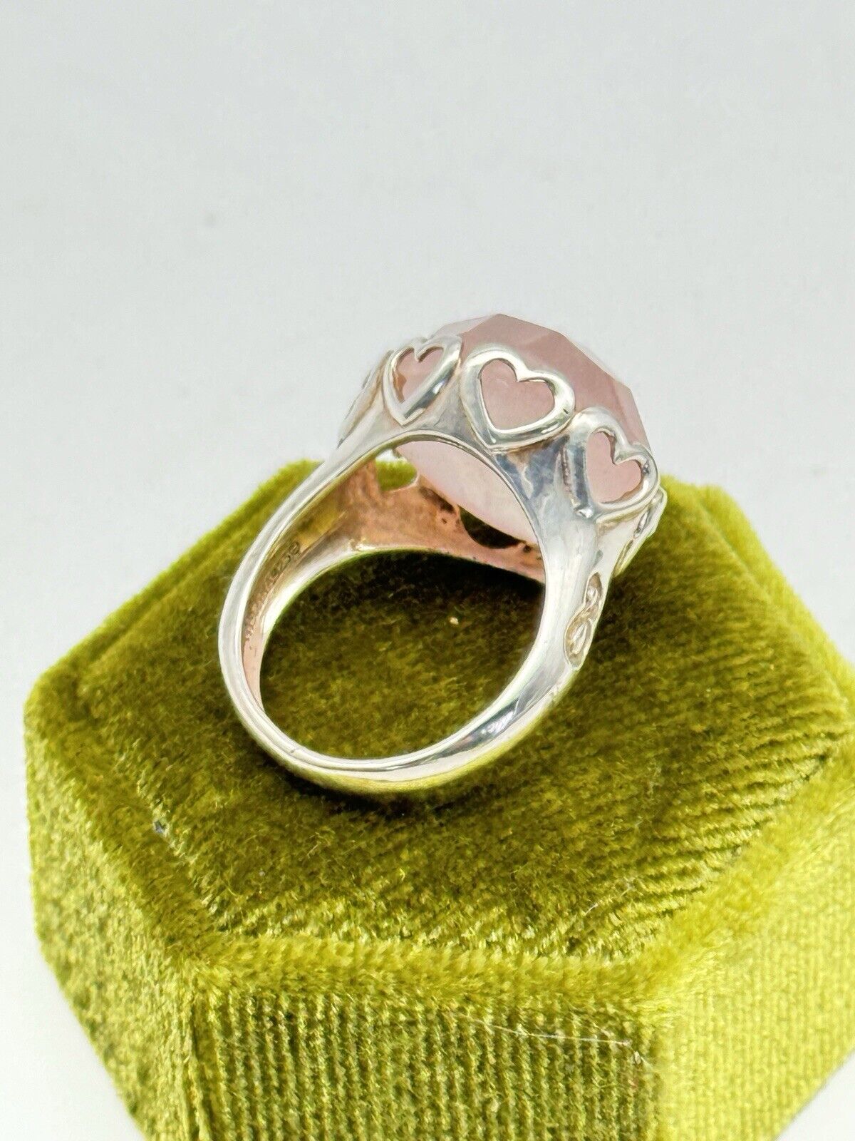 Sterling Silver Rose Quartz Faceted Ring 6.75” Heart Motif Estate Find