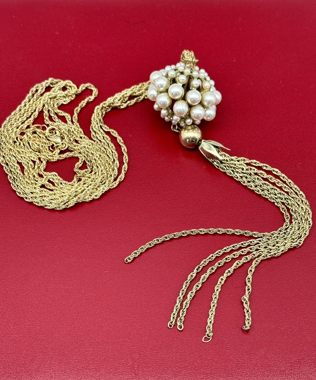 Vintage Faux Pearl Goldtone Tassel Necklace Circa 26”l Plus Tassel