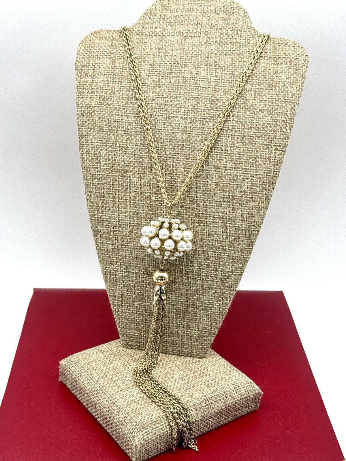 Vintage Faux Pearl Goldtone Tassel Necklace Circa 26”l Plus Tassel