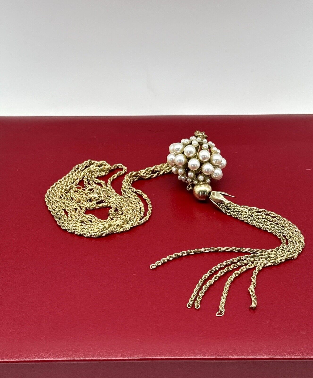 Vintage Faux Pearl Goldtone Tassel Necklace Circa 26”l Plus Tassel