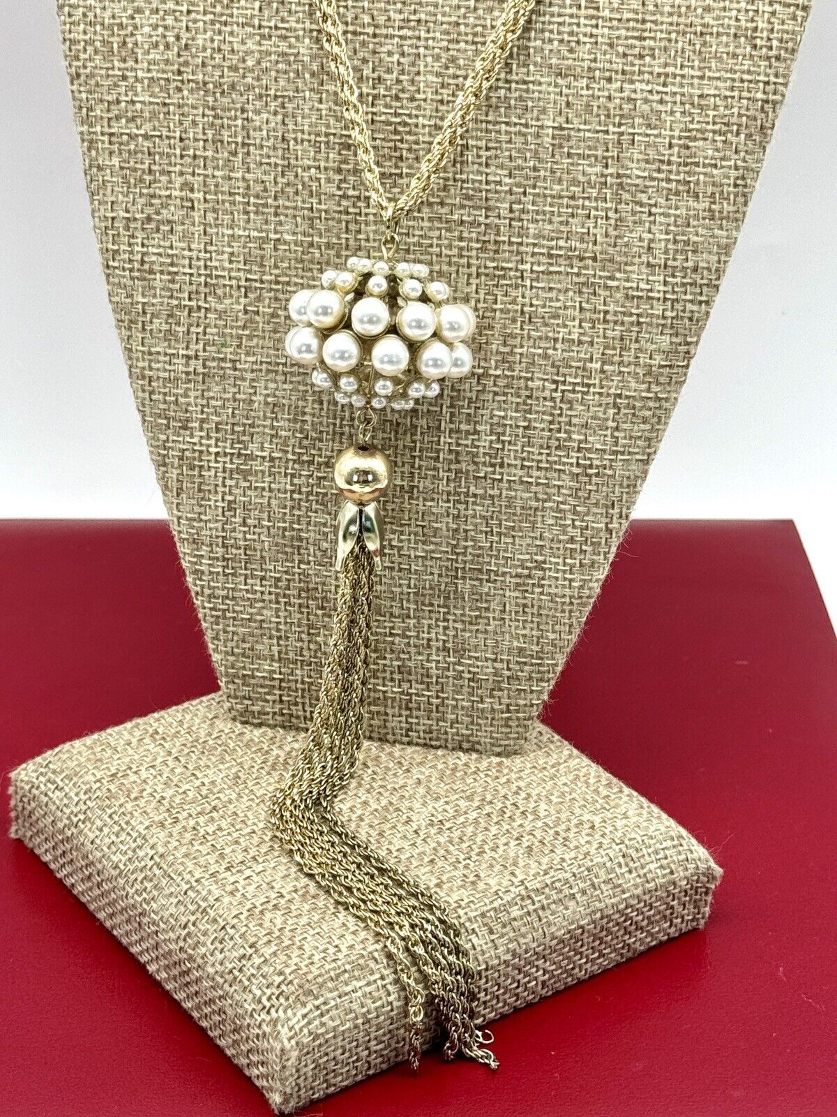 Vintage Faux Pearl Goldtone Tassel Necklace Circa 26”l Plus Tassel