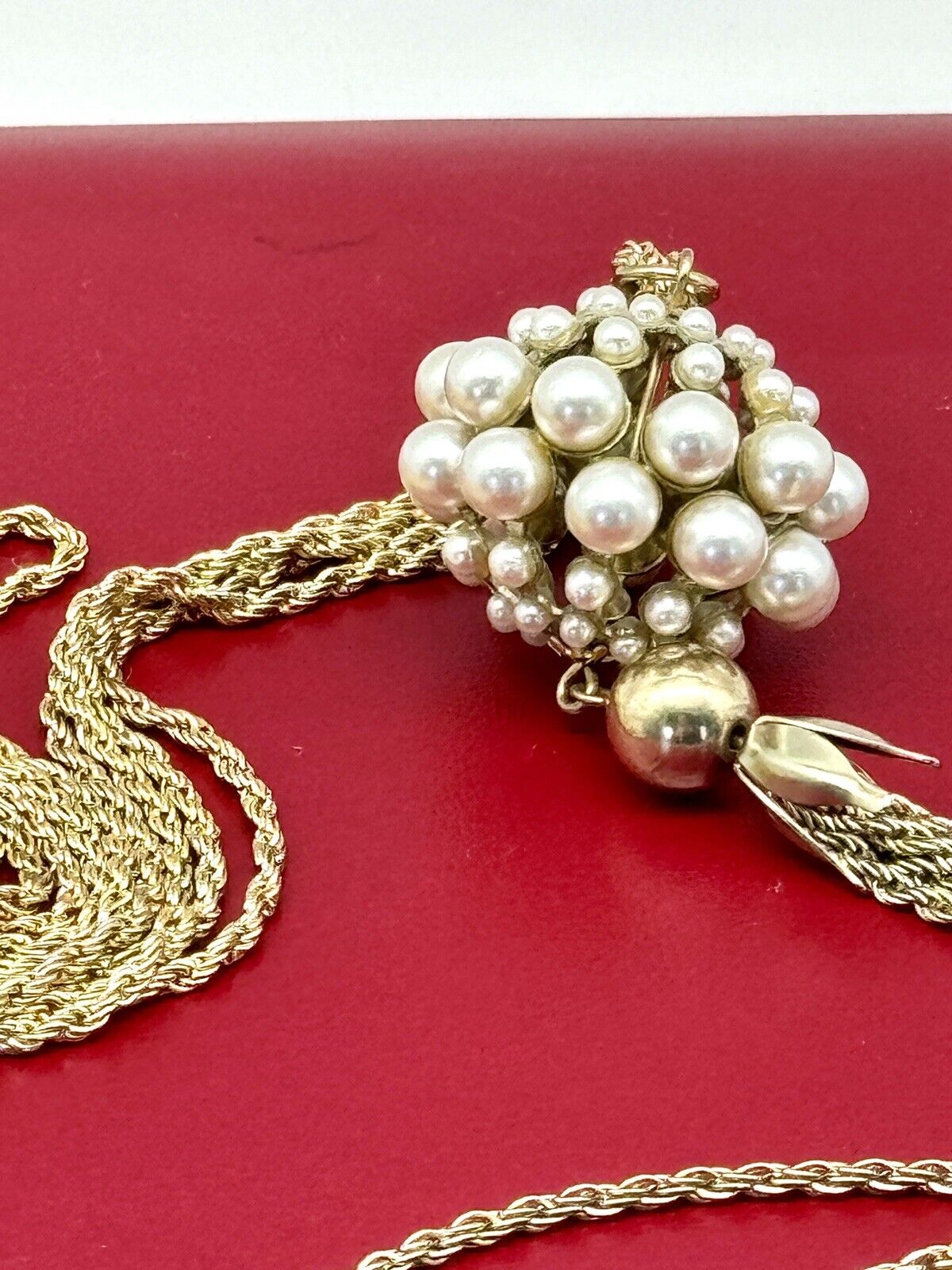 Vintage Faux Pearl Goldtone Tassel Necklace Circa 26”l Plus Tassel