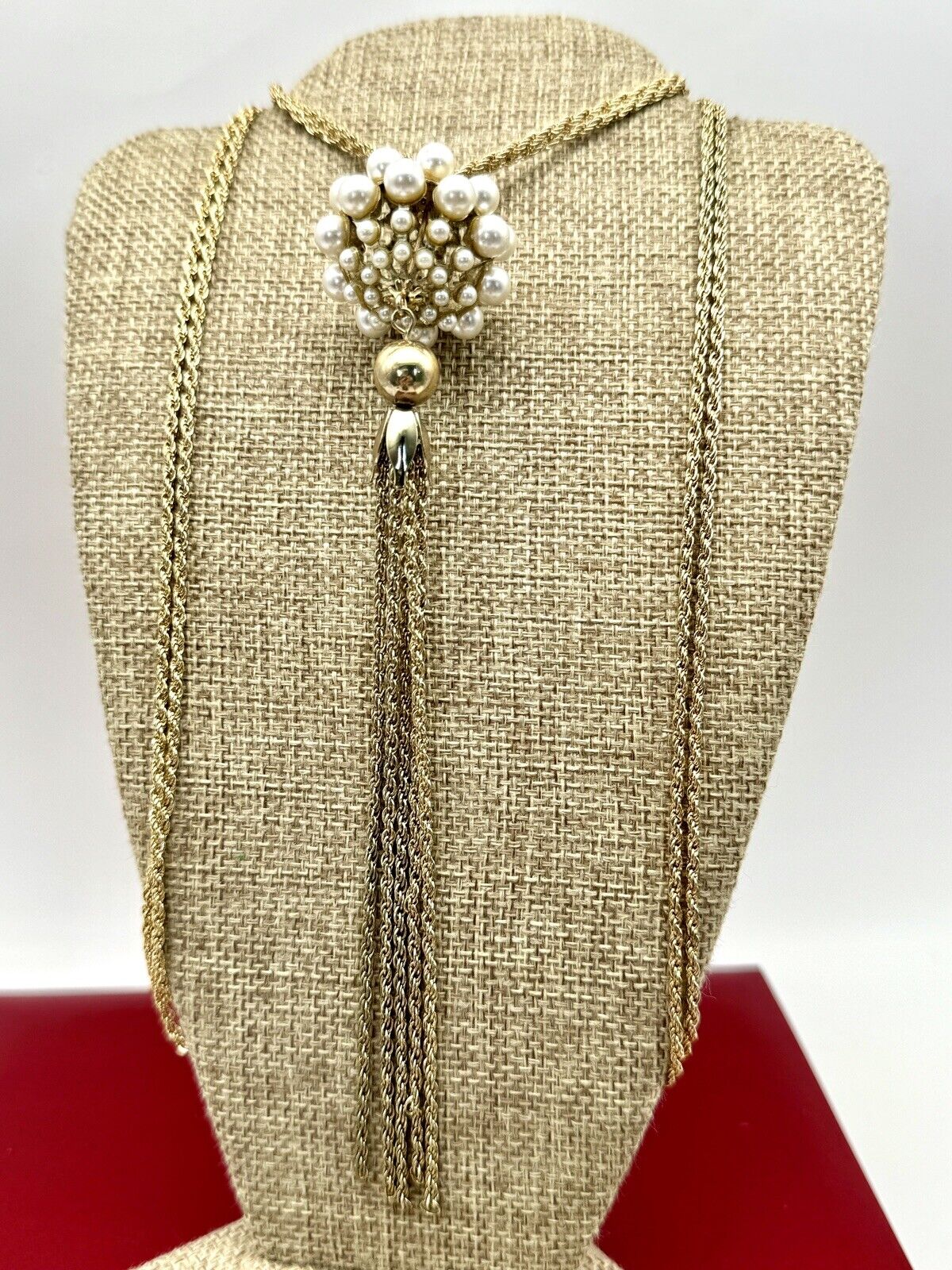 Vintage Faux Pearl Goldtone Tassel Necklace Circa 26”l Plus Tassel