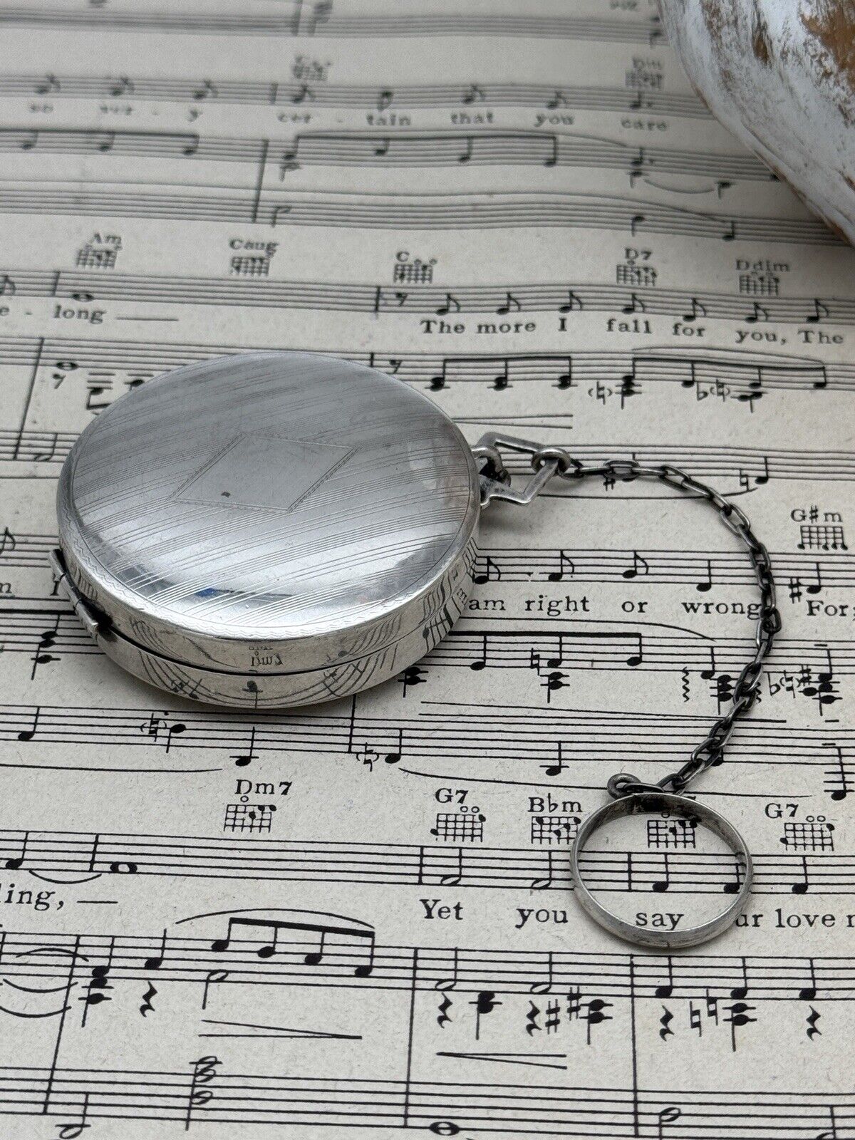 Antique STERLING Silver Mirror Finger Ring Compact Chatelaine NO MONOGRAMM