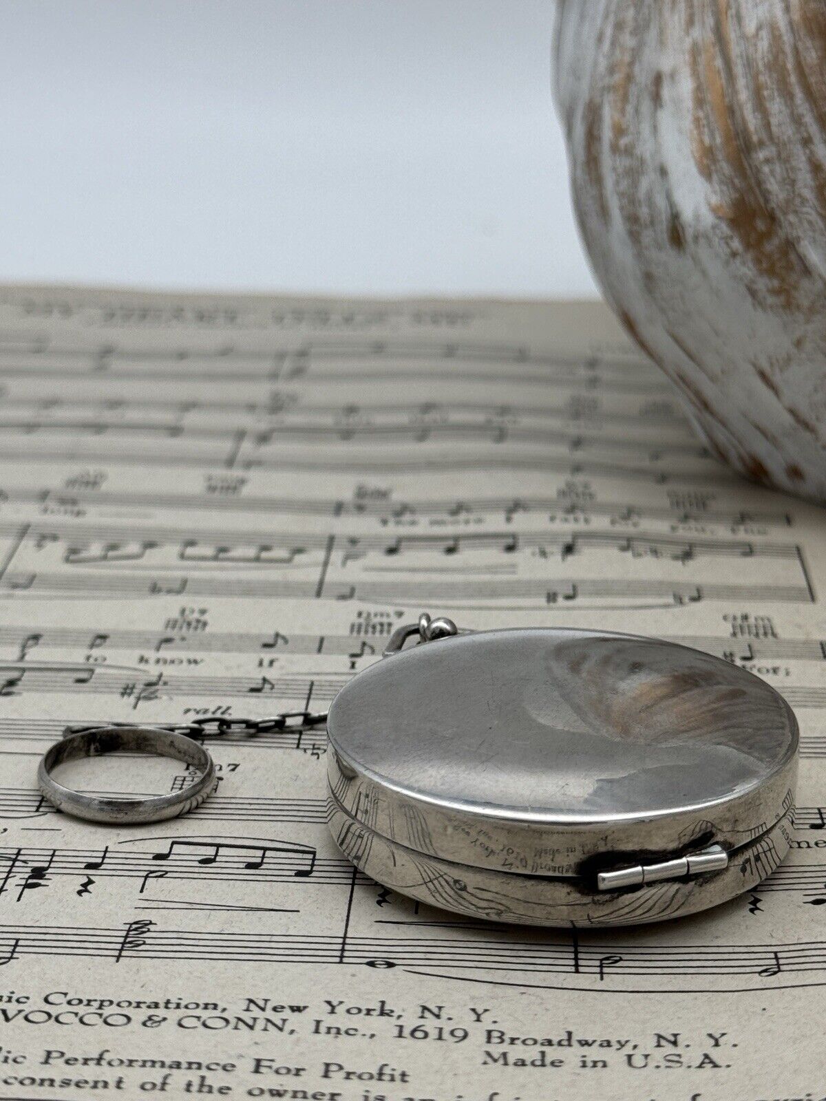 Antique STERLING Silver Mirror Finger Ring Compact Chatelaine NO MONOGRAMM