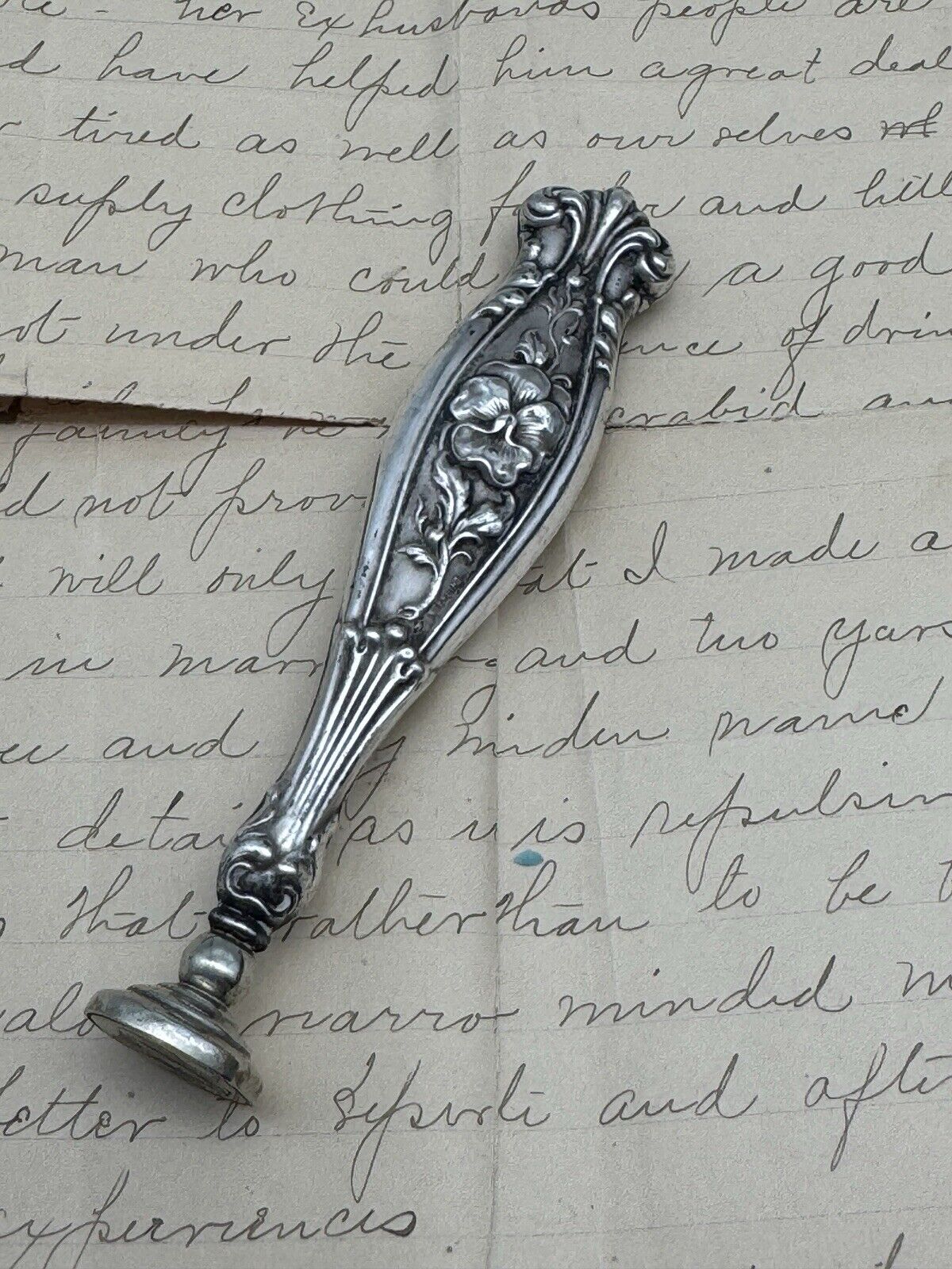 Antique Sterling Silver Wax Seal Pansy Pattern REPOUSSE 3 Letters