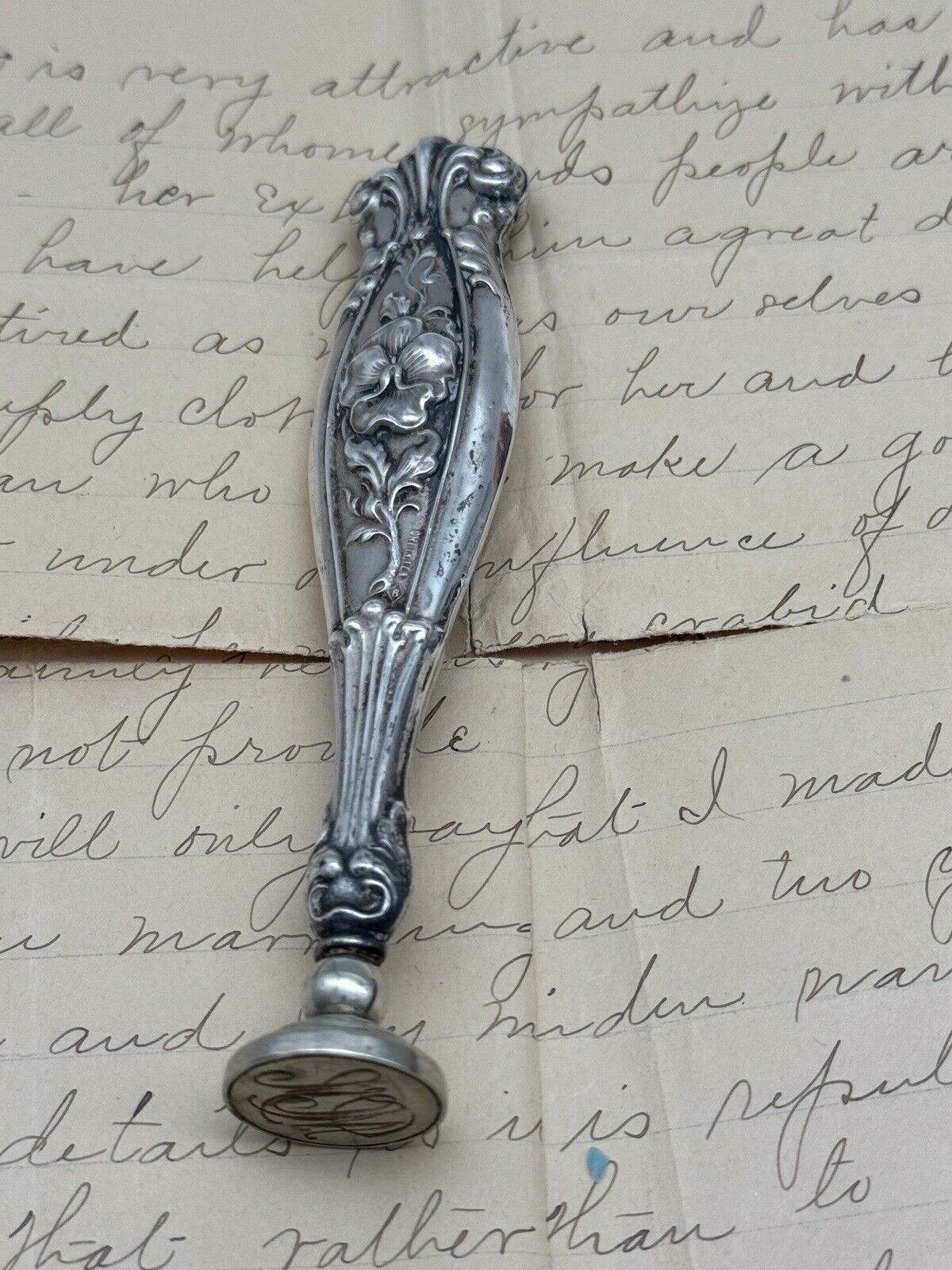 Antique Sterling Silver Wax Seal Pansy Pattern REPOUSSE 3 Letters