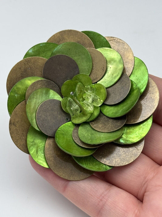 Vintage Green MOP Metal Flower Brooch  ESTATE FIND