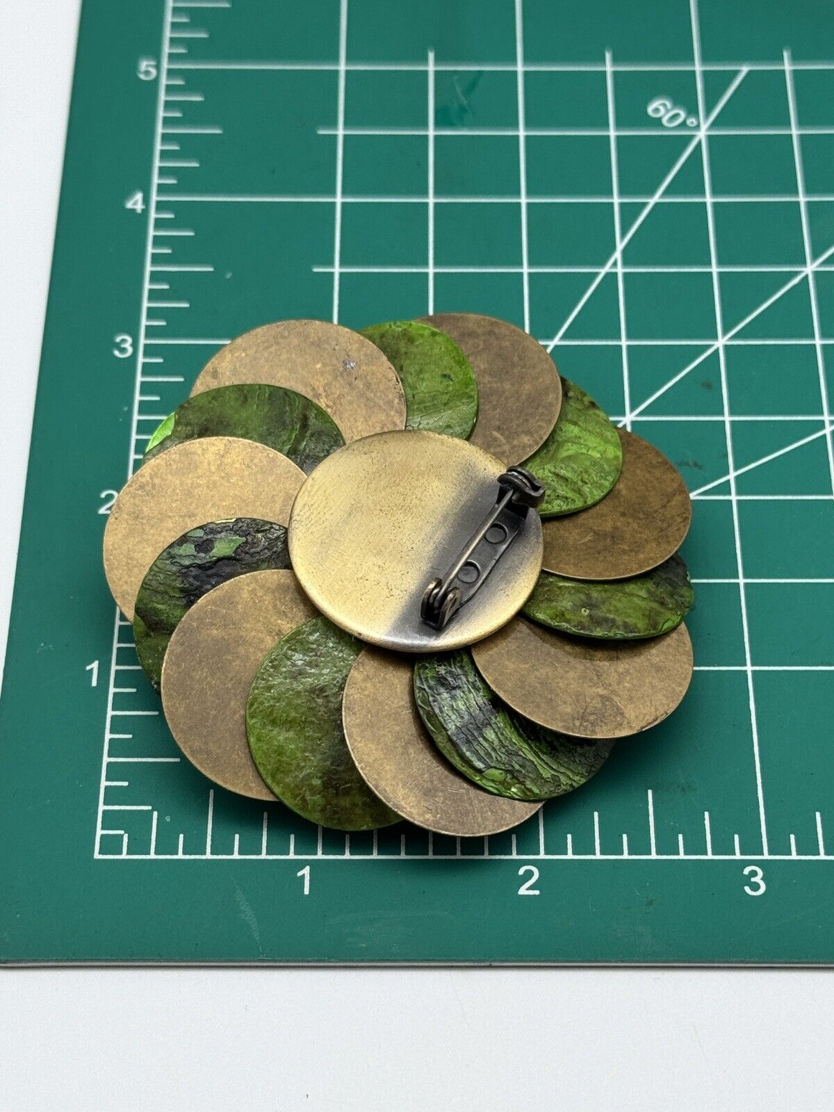 Vintage Green MOP Metal Flower Brooch  ESTATE FIND