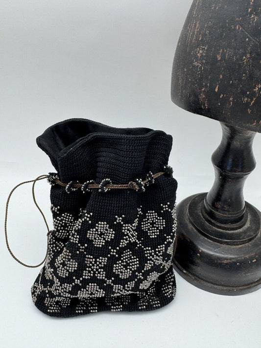 1920s Black Purse Steel Beads Crochet Satin Liner Draw String ESTATE FIND