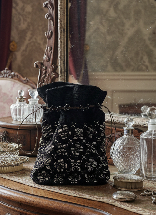 1920s Black Purse Steel Beads Crochet Satin Liner Draw String ESTATE FIND
