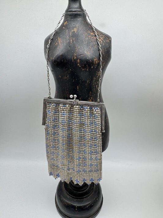 1920s Whiting & Davis Chain Mail Purse Blue & Silver