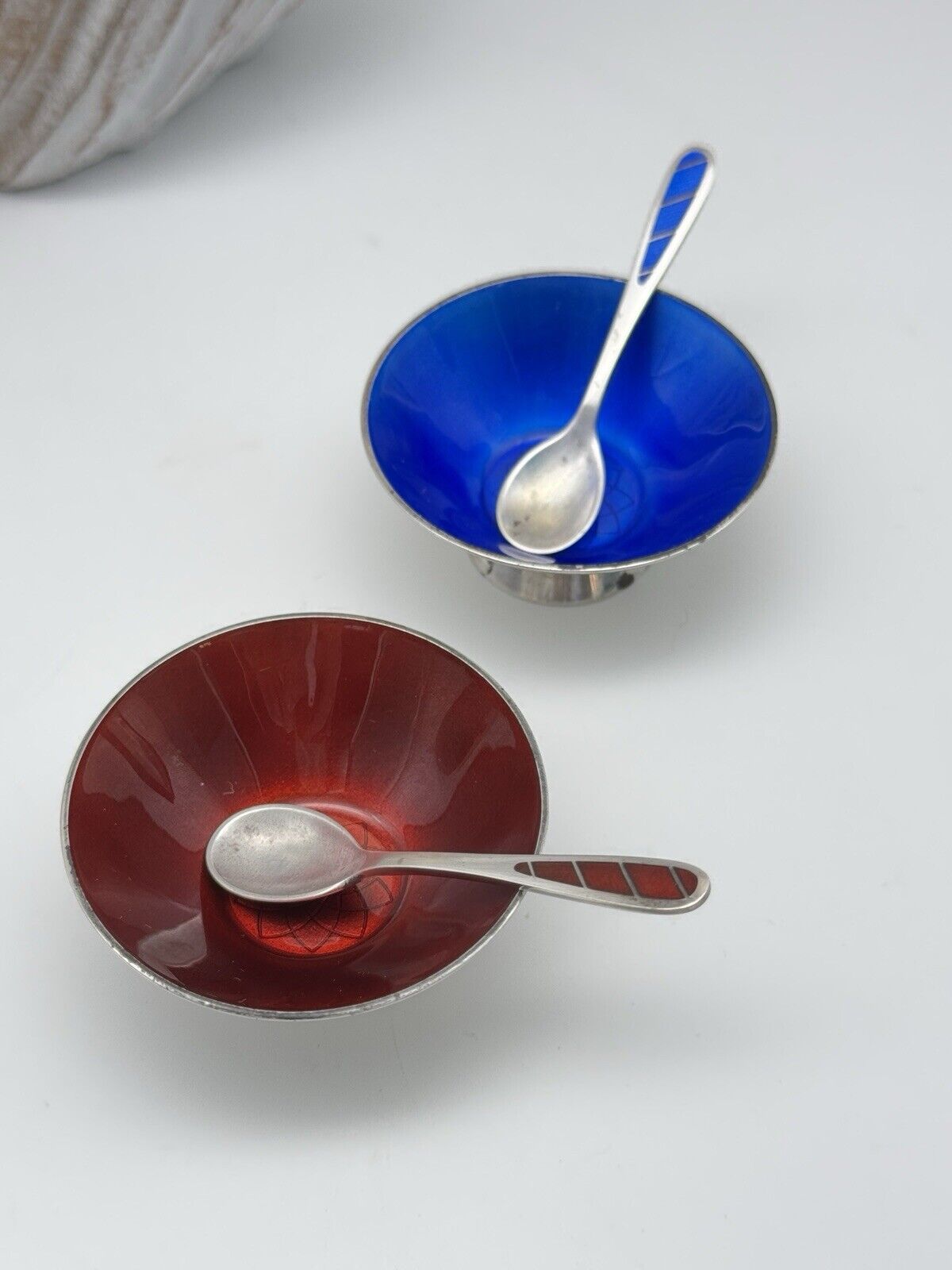 Set Of DANISH Sterling Salts & Spoons MID CENTURY Enameled Blue & Red