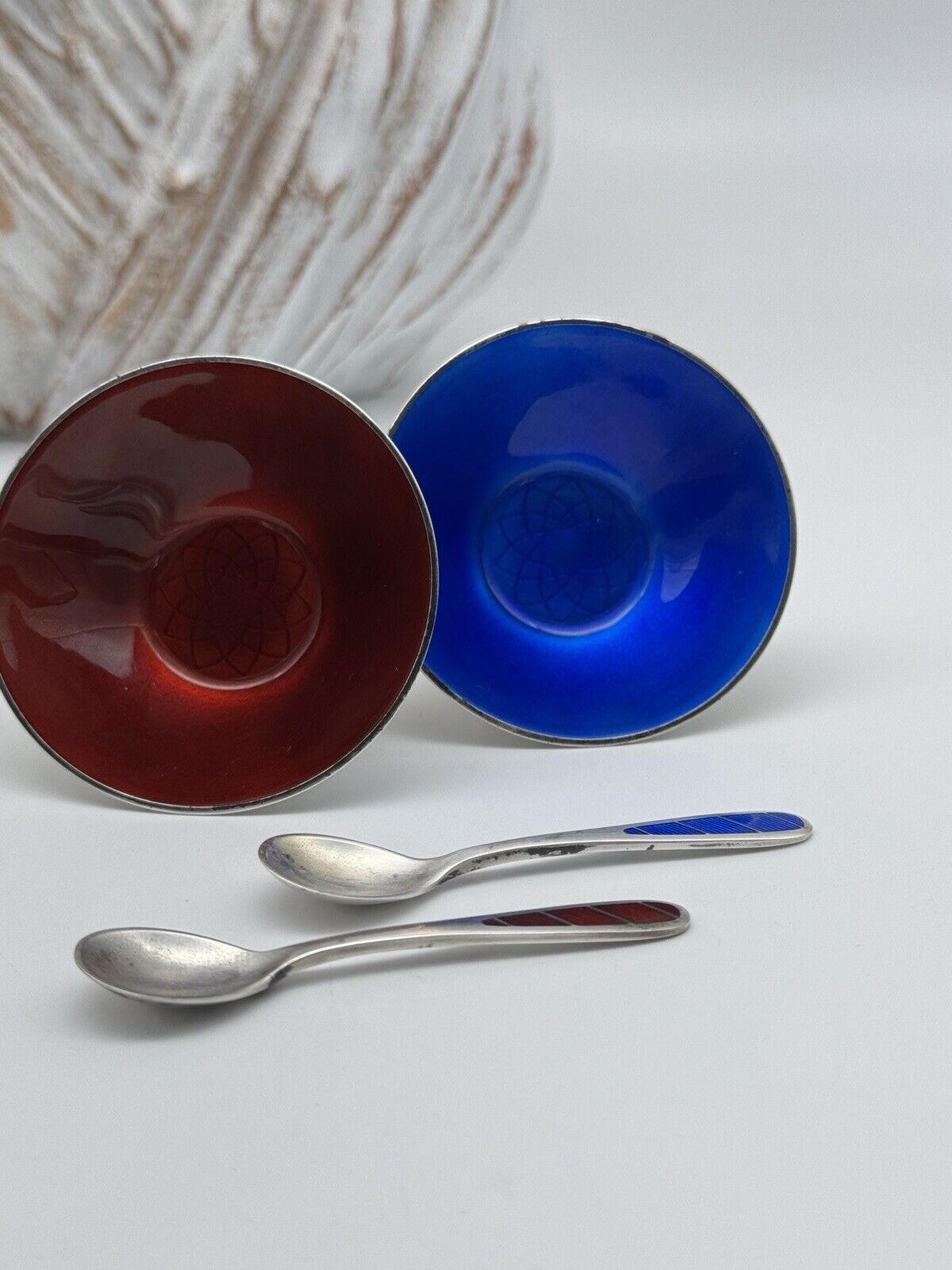 Set Of DANISH Sterling Salts & Spoons MID CENTURY Enameled Blue & Red