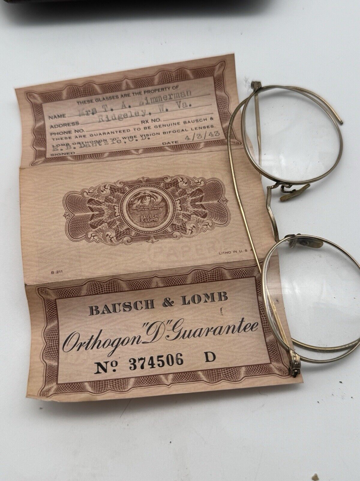 Antique 1943 Baush & Lomb Gold Filled Bifocals W/Original Case Certificate