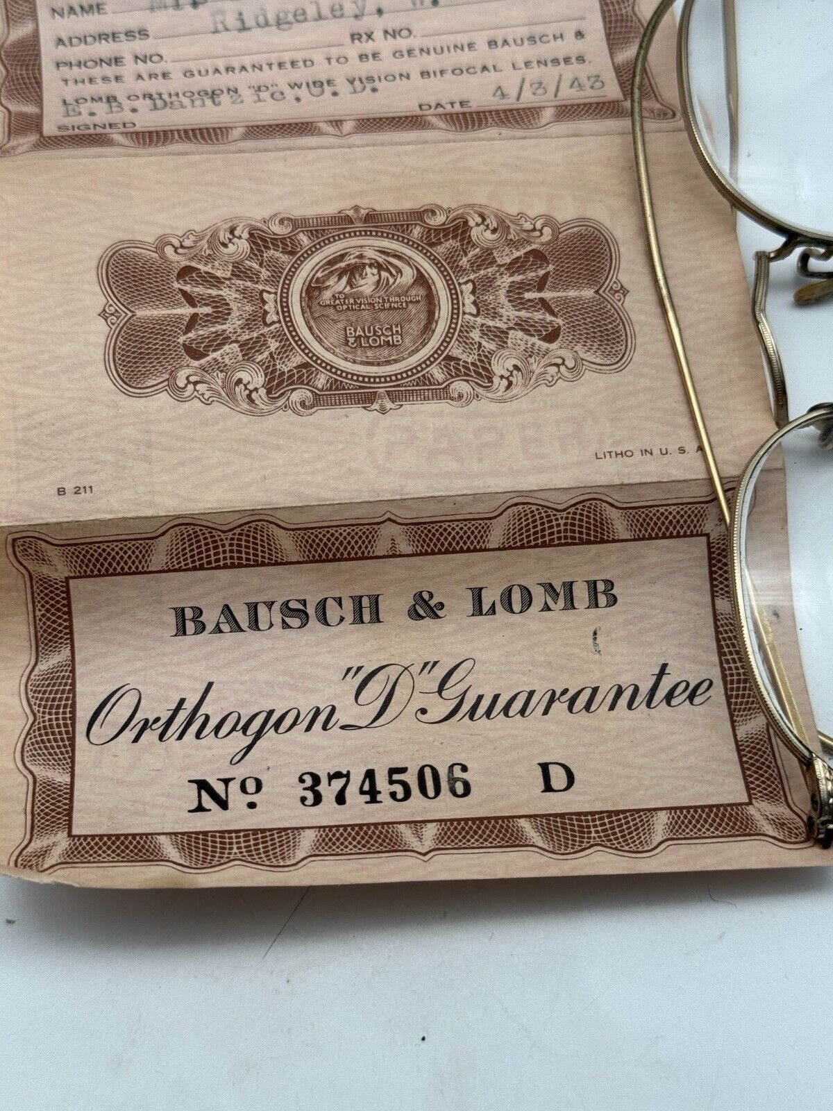 Antique 1943 Baush & Lomb Gold Filled Bifocals W/Original Case Certificate