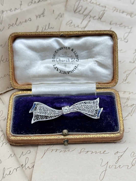 Antique Art Deco X1 14k White Gold Diamond Blue Sapphire Bow Brooch w/ Box